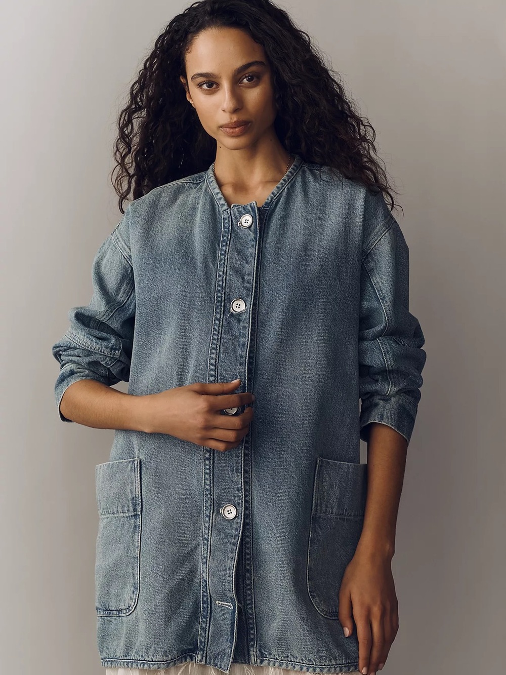 ANTHROPOLOGIE S Pilcro Mid-Length Denim Chore Jacket in Light Denim Longline